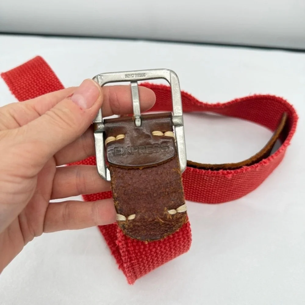 Express Belt Canvas Leather Trim Solid Brass Buckle Casual Mens Unisex Size 38*